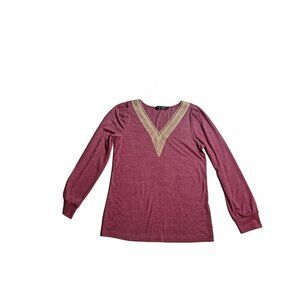 Zesica Womens Burgundy Long Sleeve Top With Crochet V-Neckline - Size M
